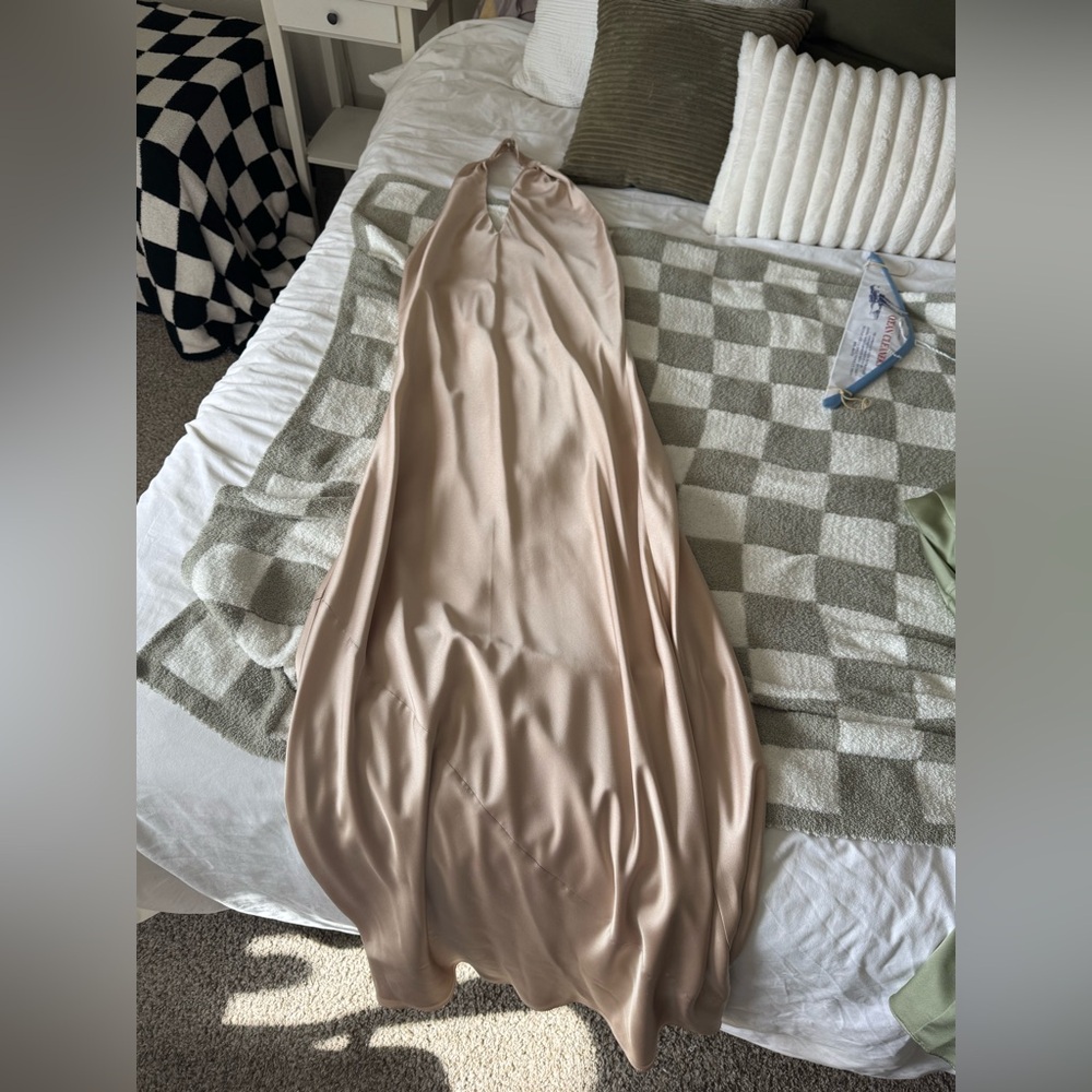 Backless halter satin champagne dress from show me your mumu
